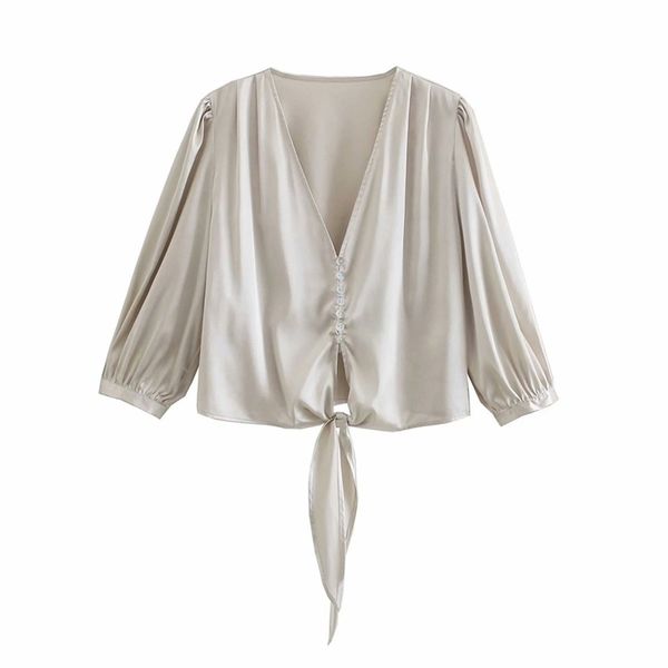 

summer women's casual solid color v-neck bow decorated short shirt 210430, White