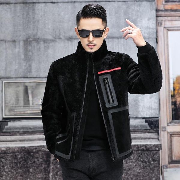 

men's leather & faux natural fur coat winter genuie sheepskin jacket male short black coats casual clothes man abrigo hombre sqq871