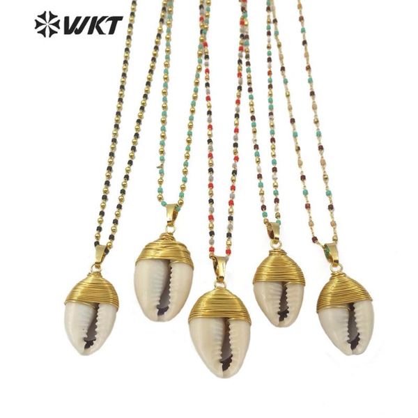 

wt-jn103 natural cowrie shell necklace with gold electroplated wire wrapped multi colors stone chain pendant necklaces, Silver