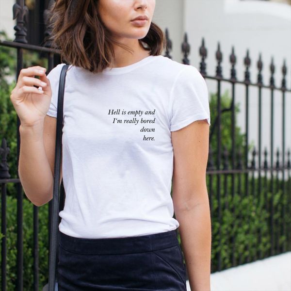

hell is empty and im womens really bored down here letter graphic tees girls cute short sleeve tumblr aesthetic, White