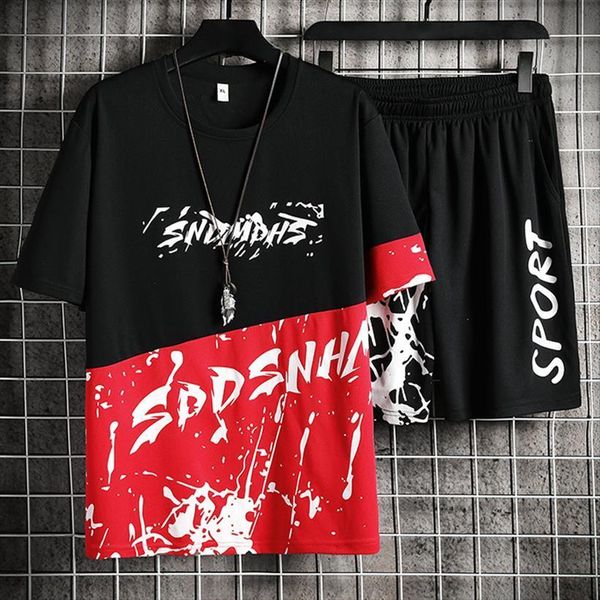 

letter printed summer t shirt mens tracksuit shorts set streetwear hip hop two pieces casual clothing, Gray