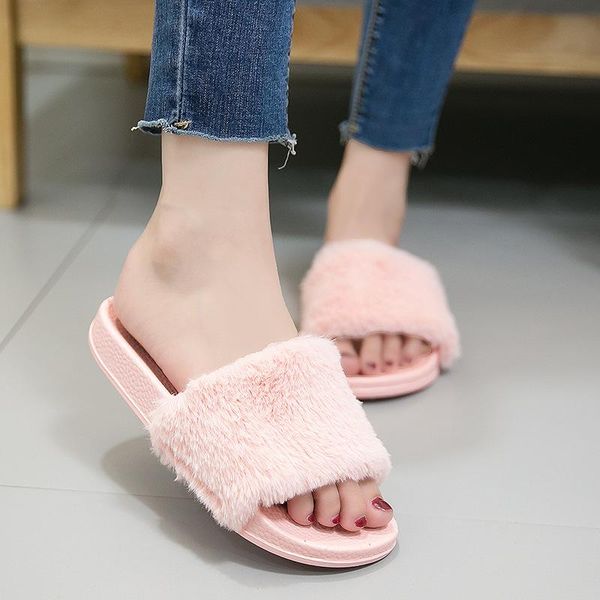 

slippers women home drop summer autumn faux fur warm shoes ladies slip on flats cute female slides casual, Black
