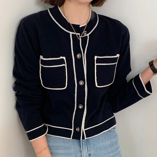 

women's knits & tees women cardigan 2021 korean fashion wild commute o neck chic button design edge line hit color multi-pocket sweater, White