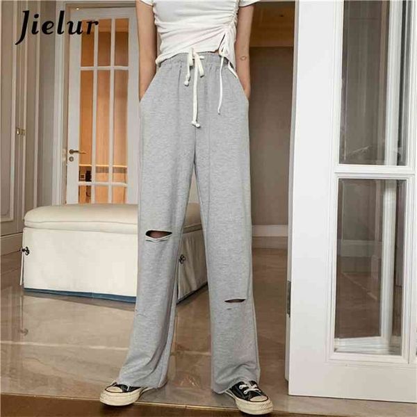 

loose summer pants hole solid color trousers women elastic waist pantalon femme slim chic black roupas 210426, Black;white