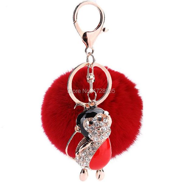 

keychains pompom keyring rhinestone crystal zodiac monkey animal pendant key chain 9 colors big fur plush ball car keychain handbag, Silver