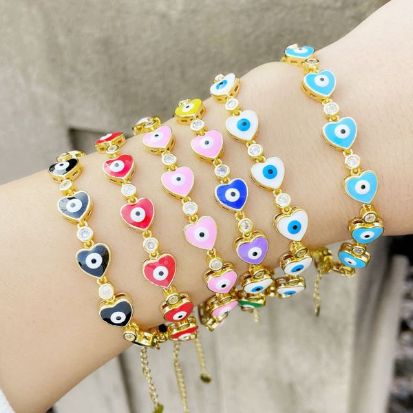 

colorful enameled herat shape evil eye beads charm bracelet cz micro pave jewelry, Golden;silver