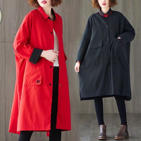 

women's trench coats 2021 spring autumn long korean large size red clothes loose fashion casual windbreaker xa425, Tan;black