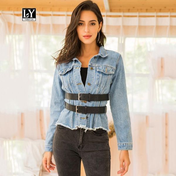 

women's jackets ly varey lin vintage denim jacket women casual turndown collar single breasted sash tie up slim coat retro jean outerwe, Black;brown