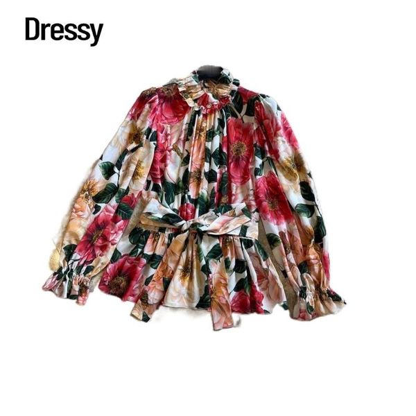 

women's blouses & shirts women long sleeve pure silk ruffled elegant fashion original design hollow out ruffle blusa, White