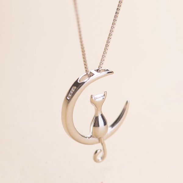 

Silver Color Animal Cat Necklaces For Women Jewelry Fashion On The Moon Pendants Choker Birthday Gifts Kids Chains