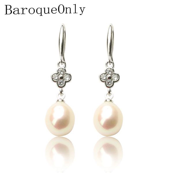 

dangle & chandelier baroqueonly freshwater pearl drop earrings white pink golden clover flower zircon jewelry wedding gift for girl, Silver