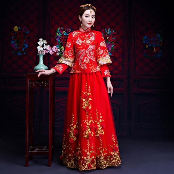 

oriental asian bride beauty chinese traditional wedding dress women red floral long sleeve embroidery cheongsam robe qipao style ethnic clot