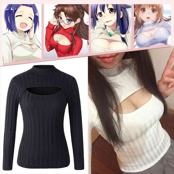 

japan anime kawaii love live women sweaters choker cosplay harajuku lolita turtleneck knitting pullovers open chest, White;black