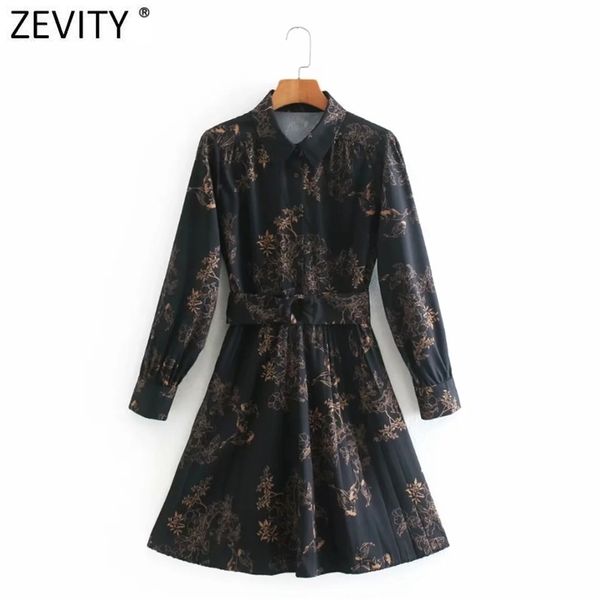 

women vintage flower printing hem pleated shirt dress office lady retro turn down collar sashes casual vestido ds4844 210416, Black;gray