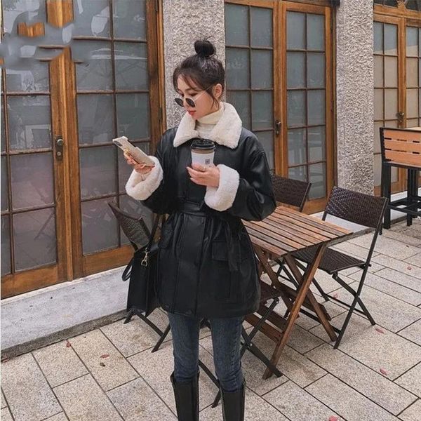 

women's leather & faux fashion with rex fur inside warm soft thickened lined coat long sleeve winter oversized jacket women, Black