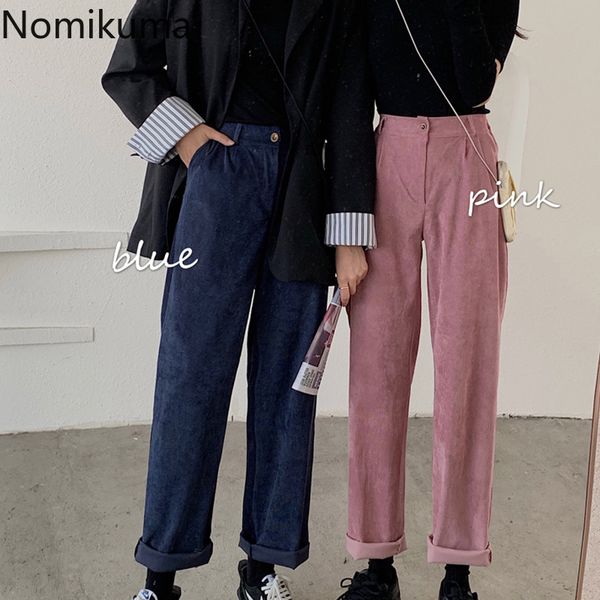

nomikuma fashion pantalones high waist corduroy pants women solid color straight loose trousers female streetwear 3c608 210514, Blue