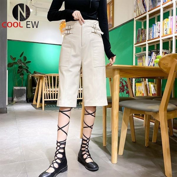 

women's shorts hip hop women casual high waist knee length straight loose fit quality sheepskin genuine leather streetear, White;black