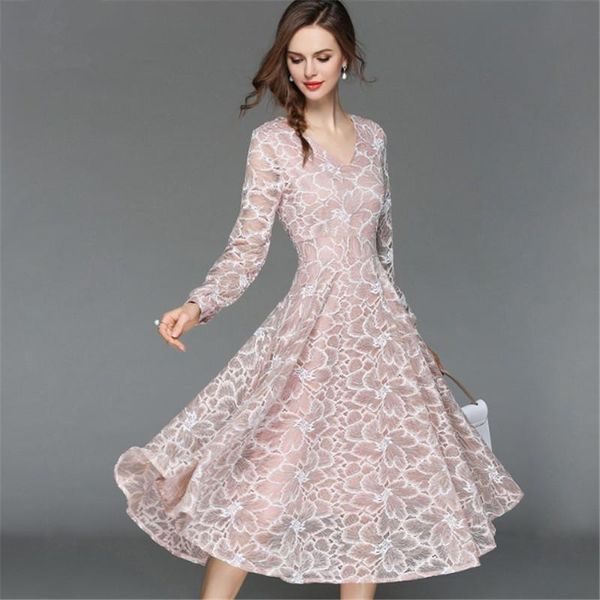 

casual dresses spring summer female long lace dress work slim women party v-neck hollow out a-line vintage vestidos, Black;gray