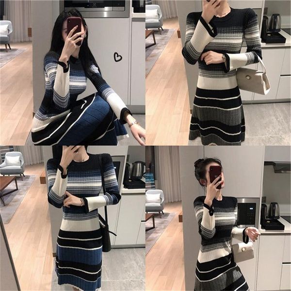 

casual dresses knitting sweater dress stripe render women fall winter outfit french style restoring ancient ways in long slim, Black;gray