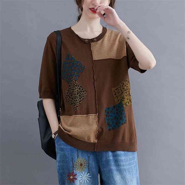 

retro art color matching spring and autumn fashion printed thin knit sweater women casual 210427, White;black