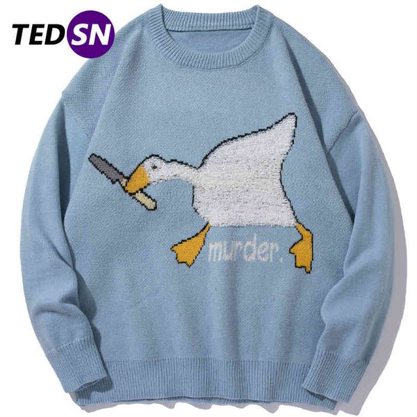 

tedsn 2021 winter goose duck cartoon printed harajuku korean style men knitted sweater murder oversize pullovers clothing, White;black