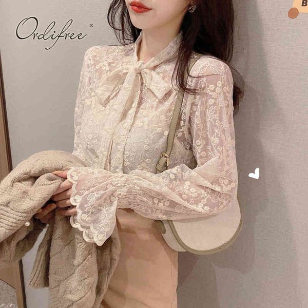 

summer women white lace long sleeve shirt transparent basic blouse 210415