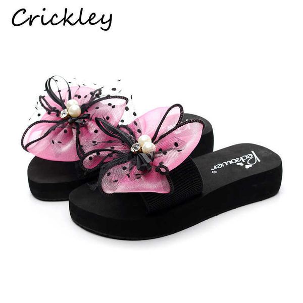 Flor de arco de laço de verão decorar chinelos para crianças menina criança EVA Soft Outsole não deslizante de moda ao ar livre meninas 210712