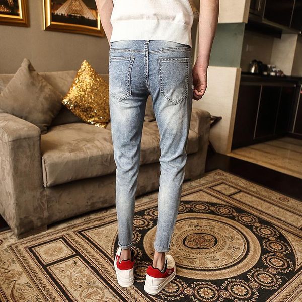 

summer korean version of the simple men's slim thin section nine points jeans youth retro casual feet pants ofgj, Blue