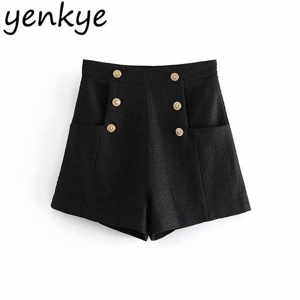 

fashion women vintage high waist shorts elegant lady front button chic winter short femme 210514, White;black