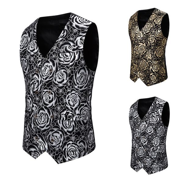 

fashion vest men's waistcoat slim rose gilt printed, Black;white