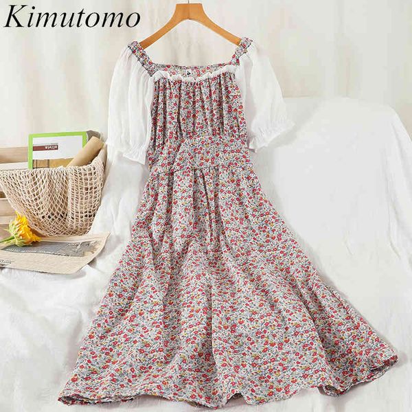 

kimutomo vintage floral dress women hong kong style female square collar short puff sleeve summer chic vestidos elegant 210521, Black;gray
