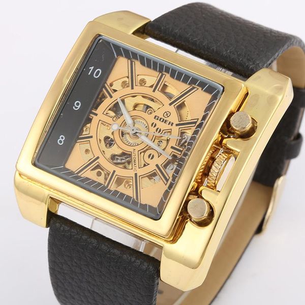 

wristwatches goer luxury gold skeleton square watches men automatic mechanical big leather relogio masculino reloj hombre, Slivery;brown