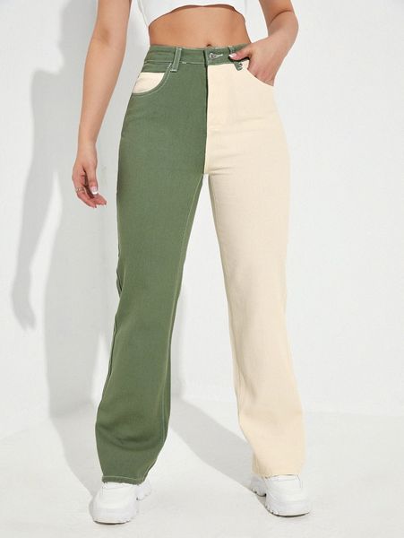 

high waisted colorblock jeans b6lk#, Blue