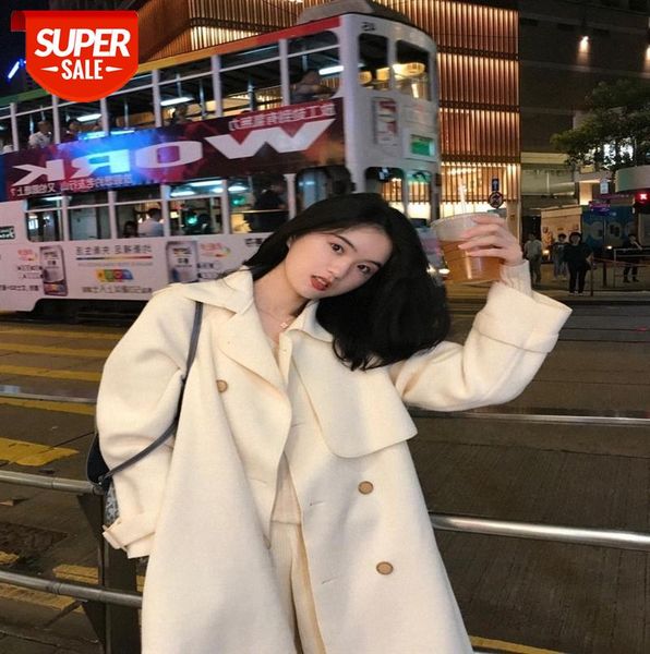 

double-sided woolen waist tie windbreaker black fashion coat mid-length women #wp0l, Black;gray