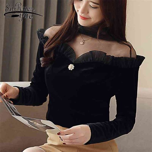 

autumn velvet high-collar bottom vintage shirt stitching chiffon women white blouse 6789 50 210427