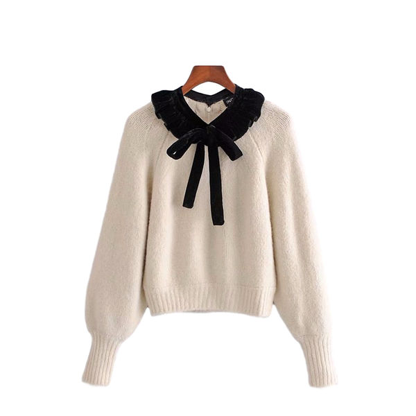 

women's sweaters elegant women velvet bow sweater 2021 fashion ladies ruffles knitted pullover sweet female solid soft chic girl, White;black