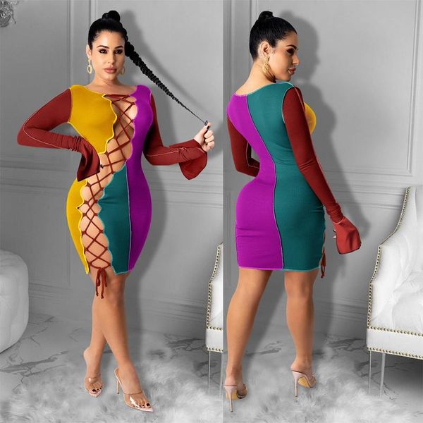 

casual dresses hollow out lace up bodycon dress women long sleeve patchwork slim package hip mini fashion side cut bandage, Black;gray