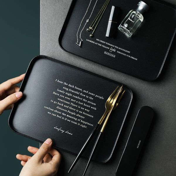

kitchen storage & organization office deskfinishing plate simple rectangle cake fruit dish nordic english letter black metal jewelry dis