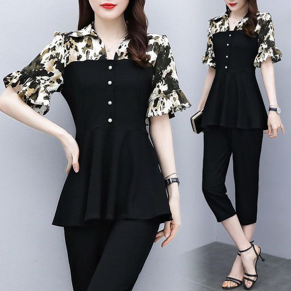 

women's two piece pants women 2021 summer fashion two-piece suits female leopard patchwork thin ladies high waist straight sets q179, White