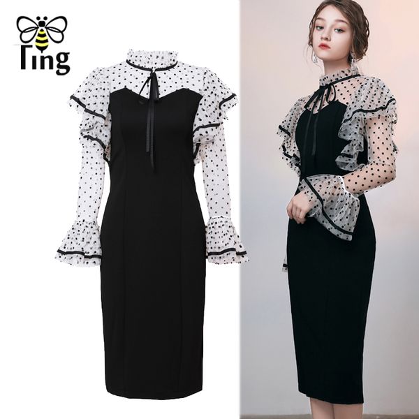 

office lady polka dot bodycon work dress ruffles long sleeve skinny spring workwear casual women elegant es 210513, Black;gray