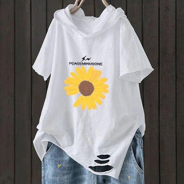 

women's t-shirt summer women t shirt plus size short sleeve loose casual hooded tee hole cotton femme print, White