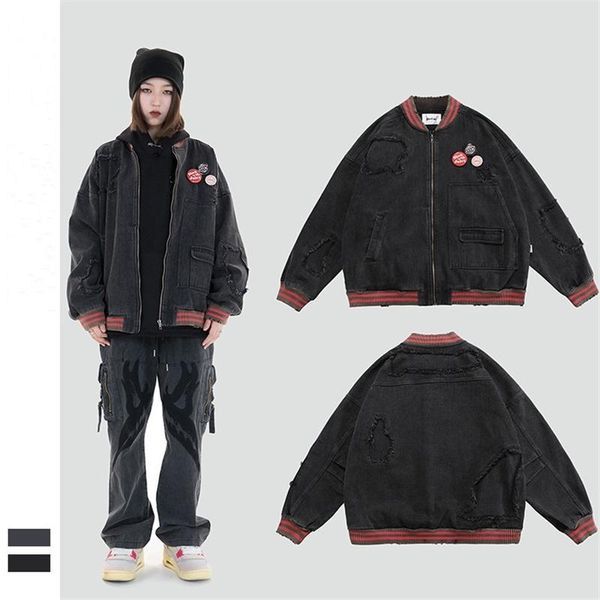 

men's jackets spring 2021 autumn streetwear jacket men hip hop punk distressed baseball outwear couple clothing loose cotton coats, Black;brown