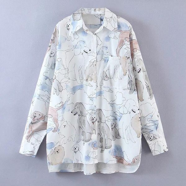 

women 2021 fashion animal cartoon pattern shirt female asymmetry hem blusas loose lapel long sleeve chic women's blouses & shirts, White