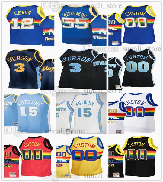 Benutzerdefinierte Retro Basketball Allen Iverson 3 Trikots Dikembe Mutombo 55 Fat Lever 12 Carmelo Anthony 15 Blau Weiß Schwarz Vintage Männer