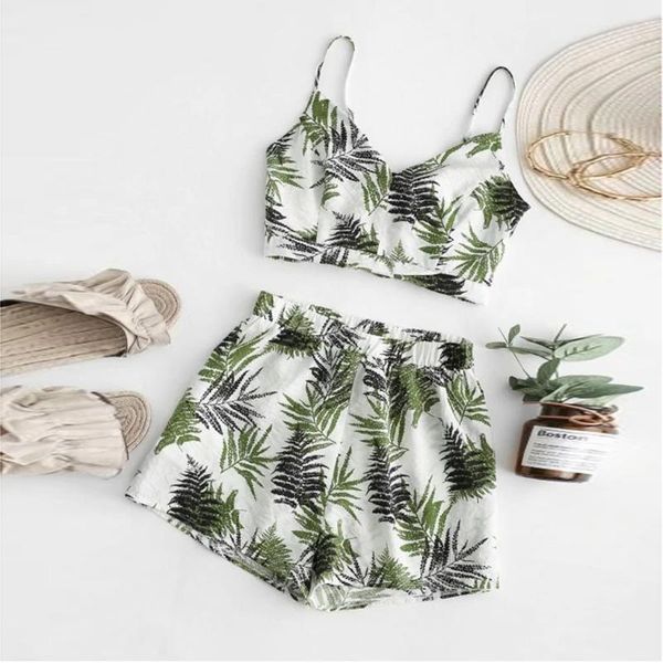 

women's tracksuits women summer sets fashion sleeveless strappy short floral print and pants suit two piece 2021 est, Gray