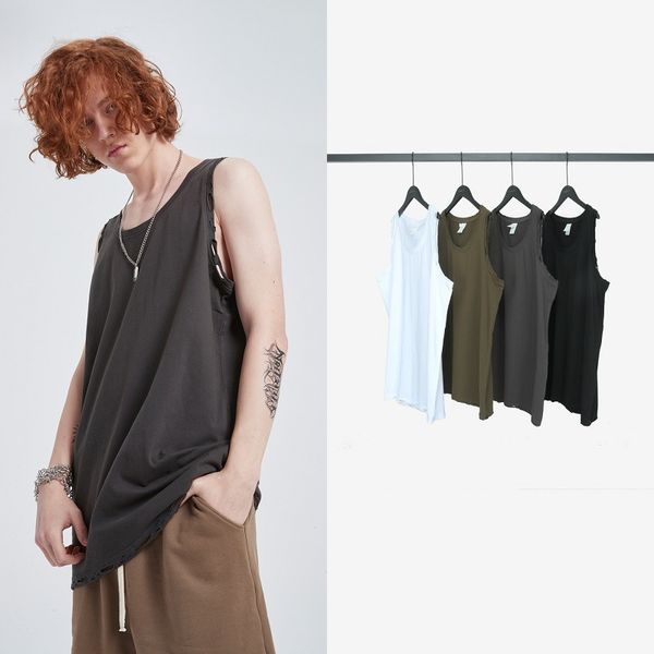 

high street ins street solid dark wind cut holes loose men and women's bottom vest t-shirt, White;black
