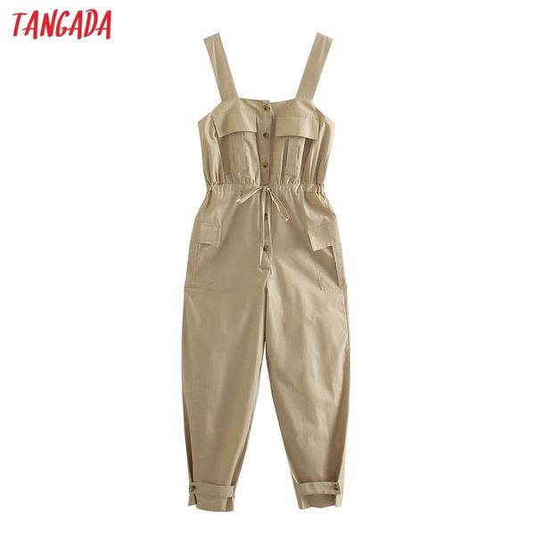 Mulheres verão sólido khaki algodão comprido bolso strethy cinthy jumpsuit casual 5z125 210416