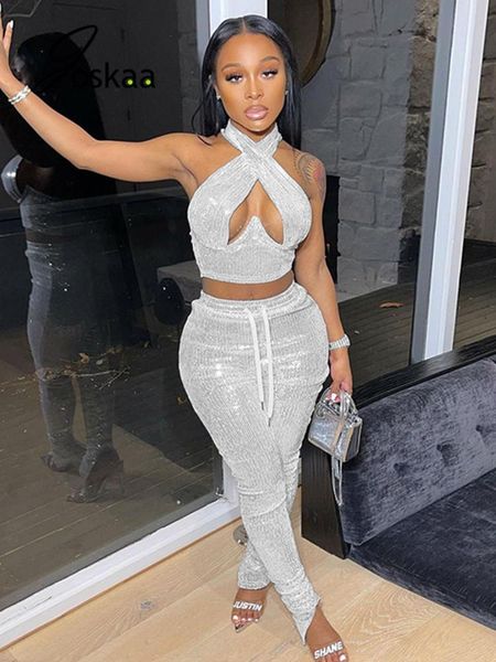 

women's two piece pants joskaa set women clothing solid shiny corset crop tank and pencil matching fall 2021 party clubwear, White