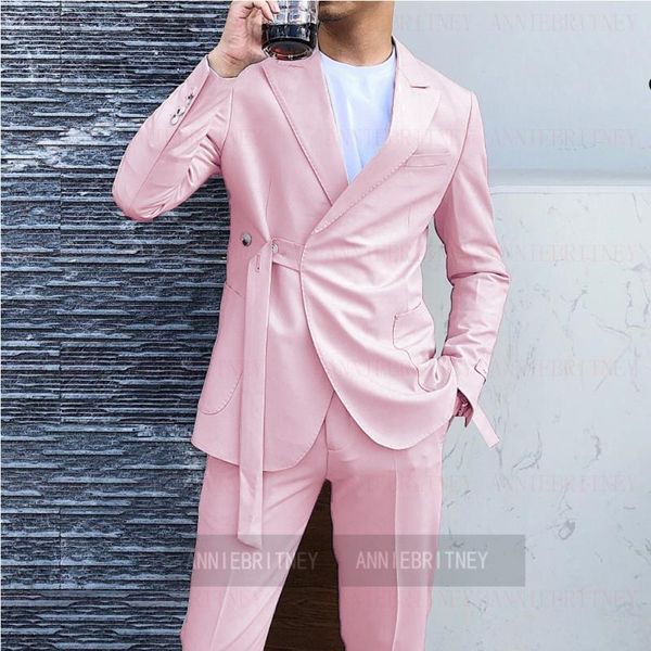 

men's suits & blazers stylish pink men with belt 2 pieces custom made slim fit man groom wedding suit tuxedo sky blue blazer pants set, White;black