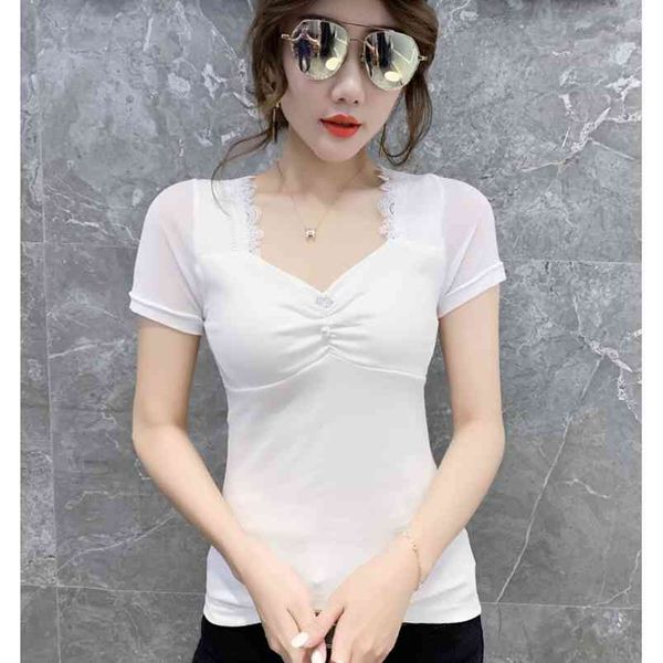 

summer casual t-shirt lace stitching beauty back short sleeve women t shirt plus size 210507, White